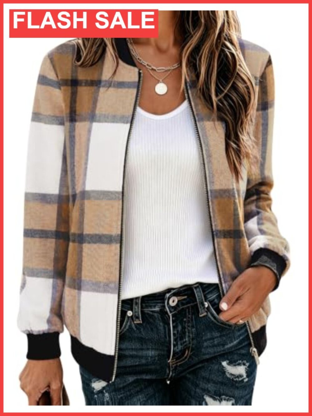 Wool Blend Plaid Flannel Bomber Jacket Zip Up Lightweight Coat